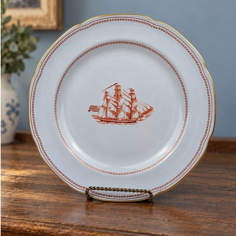 Vintage Spode Trade Winds Dinner Plate 10.25 Ship Grand Turk Rust Red Gold Trim